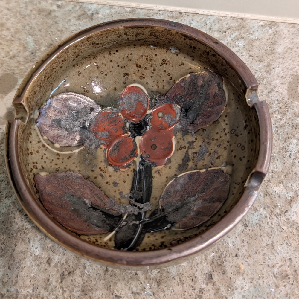 Vintage Otagiri Mid-century Modern Floral Stoneware Hand Painted Ashtray